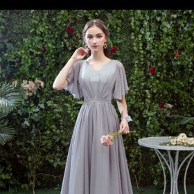 Bridesmaid Long Gray Bridesmaid Sisters Wedding Slimming Off-shoulder Banquet Dress (Option: Gray C-XS)